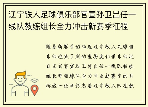 辽宁铁人足球俱乐部官宣孙卫出任一线队教练组长全力冲击新赛季征程 辽宁铁人足球俱乐部官宣孙卫出任一线队教练组长全力冲击新赛季征程