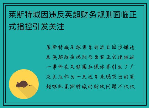 莱斯特城因违反英超财务规则面临正式指控引发关注 莱斯特城因违反英超财务规则面临正式指控引发关注